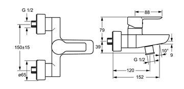 HANSA LIGNA vanová nástěnná baterie, s přepínačem, chrom 06742103 Technický nákres