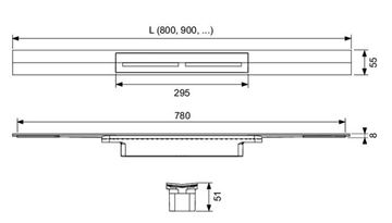 CONCEPT 300 vrchní sada sprchového žlabu 800 mm, zkracovatelný, do prostoru i ke stěně, kartáčovaná nerez ocel 676300 Technický nákres