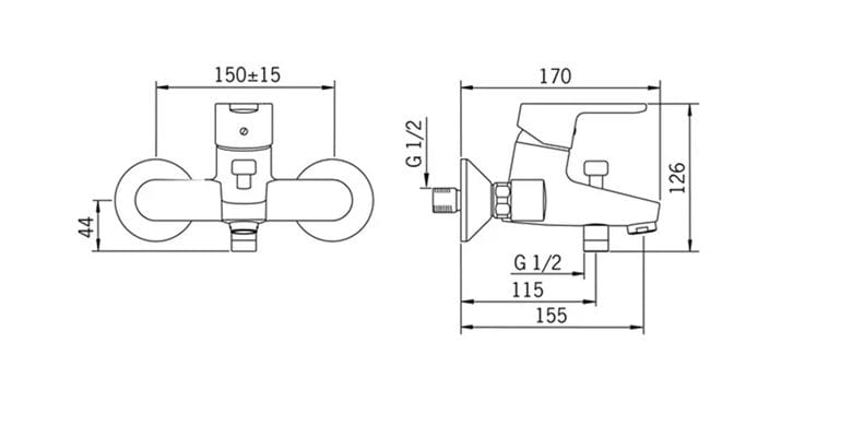 HANSA PRIMO vanová nástěnná baterie, s přepínačem, chrom 49442103 Technický nákres
