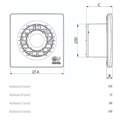 VORTICE PUNTO FILO MF 120/5" axiální ventilátor 120 mm, nástěnný/stropní, se zpětnou klapkou 11124 Technický nákres