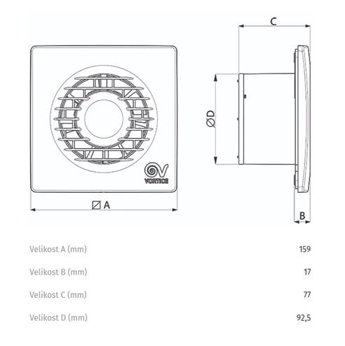 VORTICE PUNTO FILO MF 90/3,5" T axiální ventilátor 90 mm, nástěnný/stropní, s časovačem a zpětnou klapkou 11126 Technický nákres