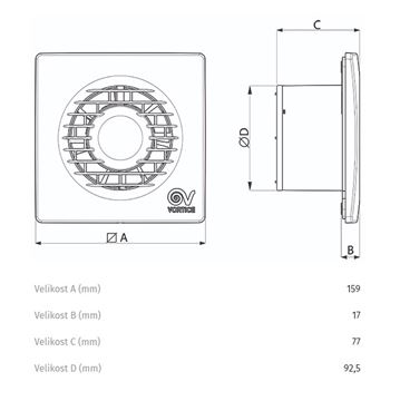 VORTICE PUNTO FILO MF 90/3,5" T axiální ventilátor 90 mm, nástěnný/stropní, s časovačem a zpětnou klapkou 11126 Technický nákres