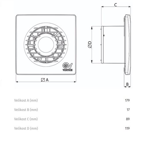 VORTICE PUNTO FILO MF 120/5" T axiální ventilátor 120 mm, nástěnný/stropní, s časovačem a zpětnou klapkou 11128 Technický nákres