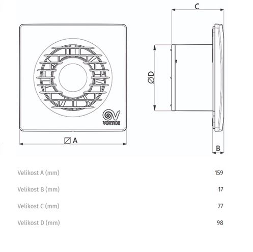 VORTICE PUNTO FILO MF 100/4" T HCS LL axiální ventilátor 100 mm, nástěnný/stropní, s časovačem, čidlem vlhkosti a zpětnou klapkou 11139 Technický nákres