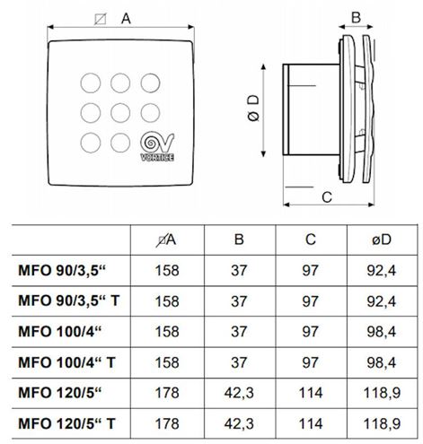 VORTICE PUNTO FOUR MFO 90/3,5" axiální ventilátor 90 mm, nástěnný/stropní, se zpětnou klapkou 11143 Technický nákres