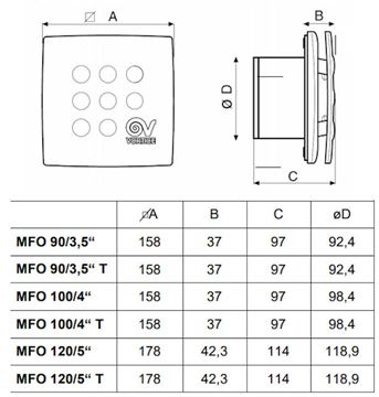 VORTICE PUNTO FOUR MFO 100/4" axiální ventilátor 100 mm, nástěnný/stropní, se zpětnou klapkou 11145 Technický nákres