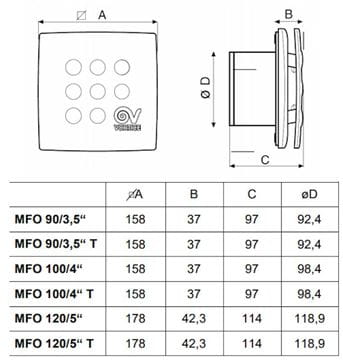 VORTICE PUNTO FOUR MFO 100/4" T axiální ventilátor 100 mm, nástěnný/stropní, s časovačem a zpětnou klapkou 11146 Technický nákres