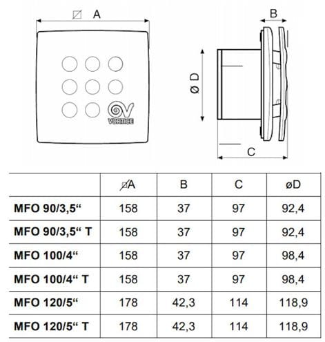 VORTICE PUNTO FOUR MFO 120/5" T axiální ventilátor 120 mm, nástěnný/stropní, s časovačem a zpětnou klapkou 11148 Technický nákres