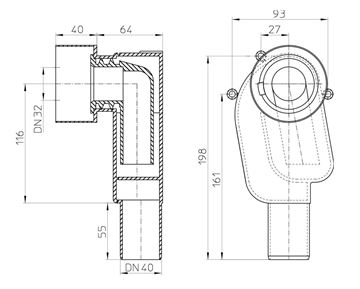 HL podomítkový sifon k umyvadlu DN40 HL134.0/40 Technický nákres