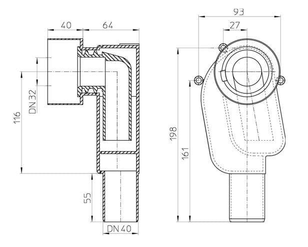 HL podomítkový sifon k umyvadlu DN40 HL134.0/40 Technický nákres
