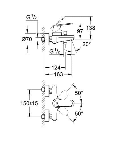 GROHE EUROSMART COSMOPOLITAN vanová nástěnná baterie, s přepínačem, chrom 32831000 Technický nákres