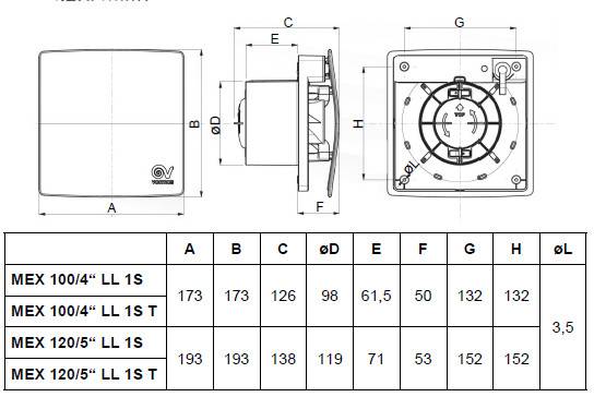 VORTICE PUNTO EVO FLEXO MEX 100/4" LL 1S axiální ventilátor 100 mm, nástěnný/stropní, se zpětnou klapkou 11313 Technický nákres