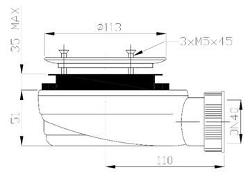 GELCO nízký vaničkový sifon pr. 90 mm, suchý, bez krytky GE90EXN MINUS Technický nákres
