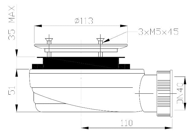 GELCO nízký vaničkový sifon pr. 90 mm, suchý, bez krytky GE90EXN MINUS Technický nákres