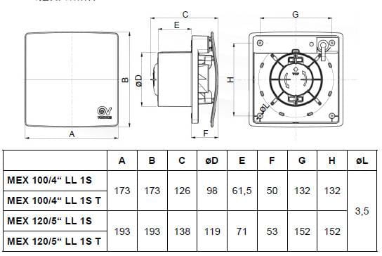 VORTICE PUNTO EVO FLEXO MEX 100/4" LL 1S T axiální ventilátor 100 mm, nástěnný/stropní, s časovačem a zpětnou klapkou 11314 Technický nákres