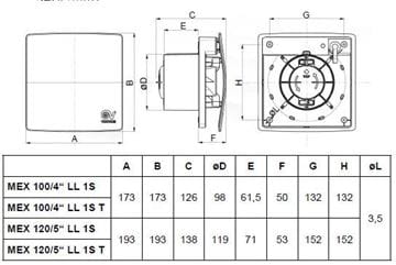 VORTICE PUNTO EVO FLEXO MEX 100/4" LL 1S T axiální ventilátor 100 mm, nástěnný/stropní, s časovačem a zpětnou klapkou 11314 Technický nákres