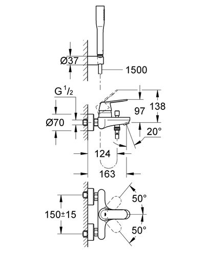GROHE EUROSMART COSMOPOLITAN vanová nástěnná baterie, s přepínačem, se sprchovou soupravou, chrom 32832000 Technický nákres