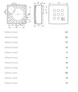 VORTICE VORT QUADRO MICRO 100 T HCS radiální ventilátor 100 mm, nástěnný/stropní, s časovačem, čidlem vlhkosti a zpětnou klapkou 11945 Technický nákres