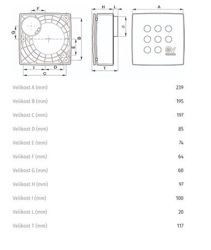 VORTICE VORT QUADRO MICRO 100 T HCS radiální ventilátor 100 mm, nástěnný/stropní, s časovačem, čidlem vlhkosti a zpětnou klapkou 11945 Technický nákres