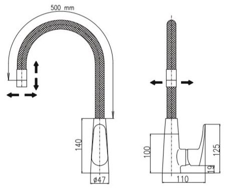 RAV SLEZÁK AMUR dřezová baterie, s flexi ramínkem, černá/chrom AM719.0/10C Technický nákres
