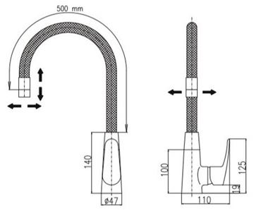 RAV SLEZÁK AMUR dřezová baterie, s flexi ramínkem, černá/chrom AM719.0/10C Technický nákres