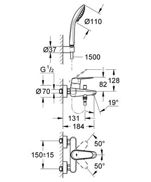GROHE EURODISC COSMOPOLITAN vanová nástěnná baterie, s přepínačem, se sprchovou soupravou, chrom 33395002 Technický nákres