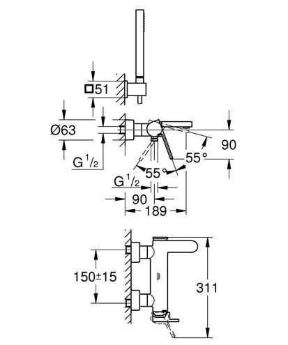 GROHE PLUS vanová nástěnná baterie, s přepínačem, se sprchovou soupravou, chrom 33547003 Technický nákres