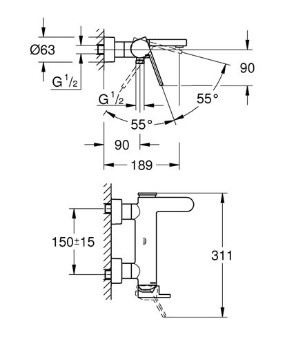 GROHE PLUS vanová nástěnná baterie, s přepínačem, chrom 33553003 Technický nákres