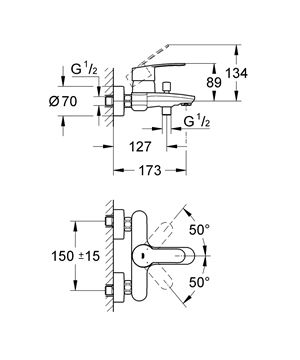 GROHE EUROSTYLE COSMOPOLITAN vanová nástěnná baterie, s přepínačem, chrom 33591002 Technický nákres