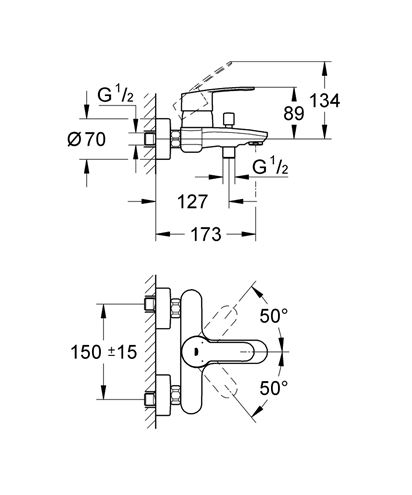 GROHE EUROSTYLE COSMOPOLITAN vanová nástěnná baterie, s přepínačem, chrom 33591002 Technický nákres