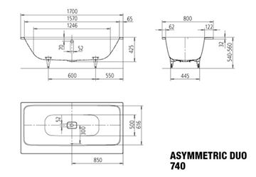KALDEWEI ASYMMETRIC DUO 740 vana 170x80 cm, pro 2 osoby, bez nožiček, smaltovaná ocel, Perl-Effekt 274000013001 Technický nákres