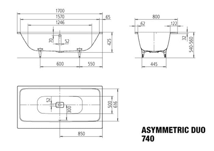 KALDEWEI ASYMMETRIC DUO 740 vana 170x80 cm, pro 2 osoby, bez nožiček, smaltovaná ocel 274000010001 Technický nákres