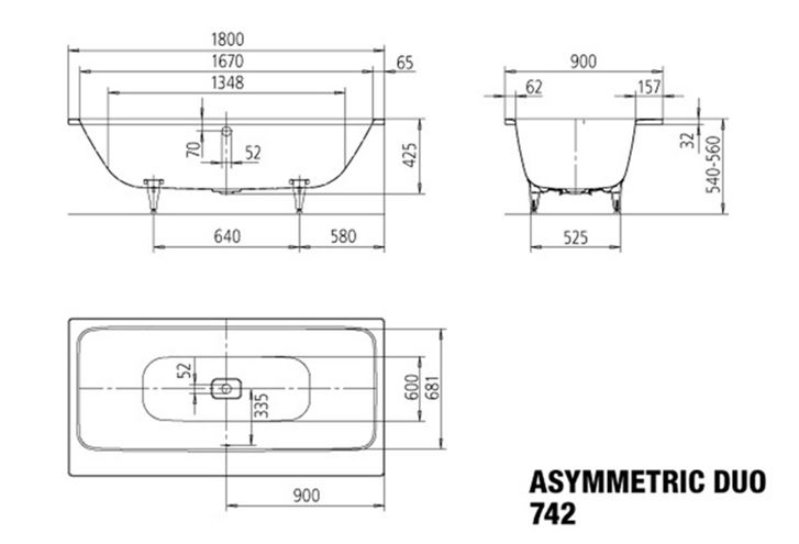 KALDEWEI ASYMMETRIC DUO 742 vana 180x90 cm, pro 2 osoby, bez nožiček, smaltovaná ocel, Perl-Effekt 274200013001 Technický nákres