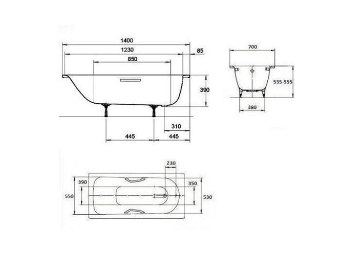 KALDEWEI SANIFORM PLUS 360-1 vana 140x70 cm, bez nožiček, smaltovaná ocel 111500010001 Technický nákres