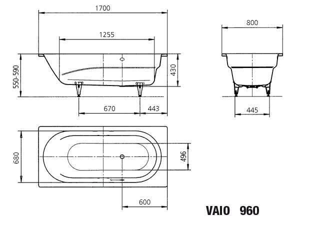 KALDEWEI VAIO 960 vana 170x80 cm, bez nožiček, smaltovaná ocel 234000010001 Technický nákres