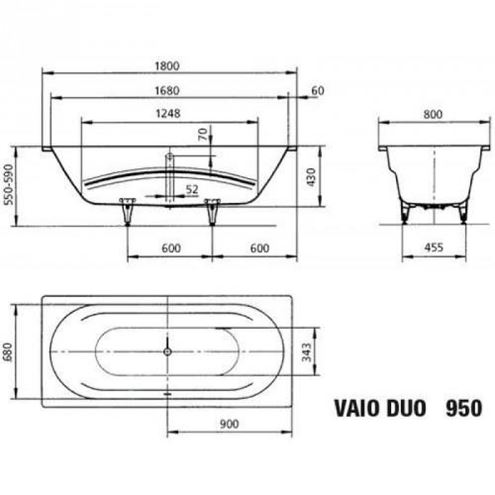KALDEWEI VAIO DUO 950 vana 180x80 cm, bez nožiček, smaltová ocel 233000010001 Technický nákres