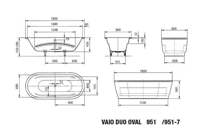 KALDEWEI VAIO DUO OVAL 951 vana 180x80 cm, bez nožiček, smaltová ocel 233100010001 Technický nákres