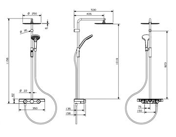 NDW COLONNA VETRO SIMETRY sprchový set s termostatickou baterií, horní sprcha, ruční sprcha se 3 proudy, tyč, hadice, chrom/černé sklo PM10154/B Technický nákres