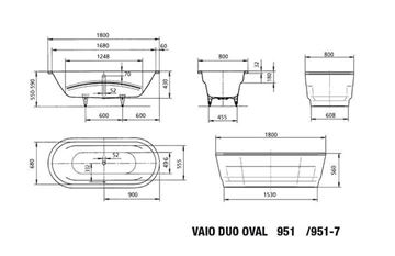 KALDEWEI VAIO DUO OVAL 951 vana 180x80 cm, bez nožiček, smaltová ocel, Perl-Effekt 233100013001 Technický nákres