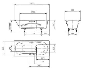 KALDEWEI VAIO SET 954 vana 170x75 cm, bez nožiček, smaltová ocel, Perl-Effekt 233400013001 Technický nákres