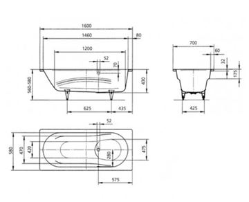 KALDEWEI VAIO SET 956 vana 160x70 cm, bez nožiček, smaltová ocel, Perl-Effekt 233600013001 Technický nákres