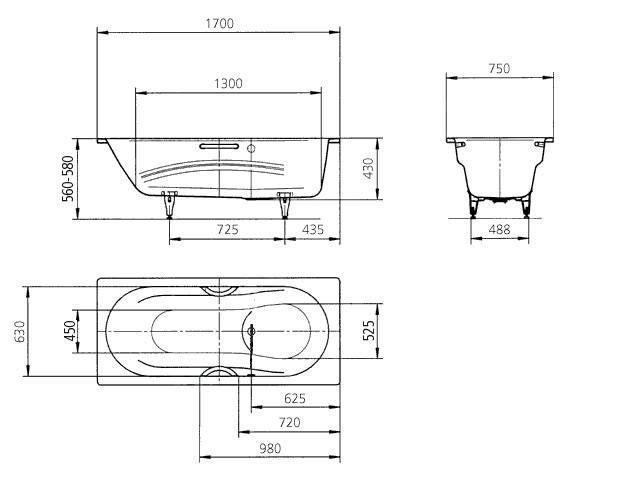 KALDEWEI VAIO SET STAR 955 vana 170x75 cm, bez nožiček, s otvory pro madla, smaltovaná ocel, antislip, Perl-Effekt 233530003001 Technický nákres