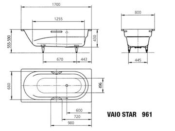 KALDEWEI VAIO STAR 961 vana 170x80 cm, bez nožiček, s otvory pro madla, smaltovaná ocel 234100010001 Technický nákres