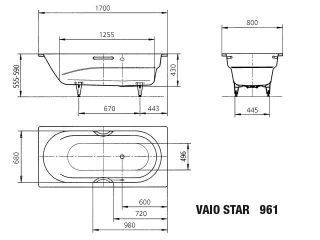 KALDEWEI VAIO STAR 961 vana 170x80 cm, bez nožiček, s otvory pro madla, smaltovaná ocel, Perl-Effekt 234100013001 Technický nákres