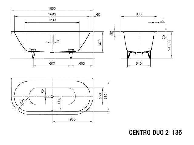 KALDEWEI CENTRO DUO 2 135 vana 180x80 cm, pro 2 osoby, bez nožiček, smaltovaná ocel 283500010001 Technický nákres