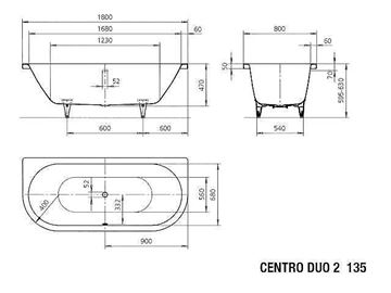 KALDEWEI CENTRO DUO 2 135 vana 180x80 cm, pro 2 osoby, bez nožiček, smaltovaná ocel 283500010001 Technický nákres