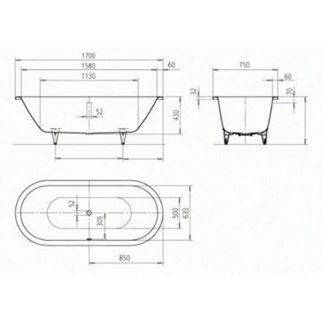 KALDEWEI CENTRO DUO OVAL 127 vana 170x75 cm, pro 2 osoby, bez nožiček, smaltovaná ocel 282700010001 Technický nákres