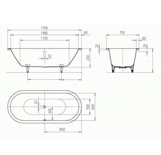 KALDEWEI CENTRO DUO OVAL 127 vana 170x75 cm, pro 2 osoby, bez nožiček, smaltovaná ocel 282700010001 Technický nákres