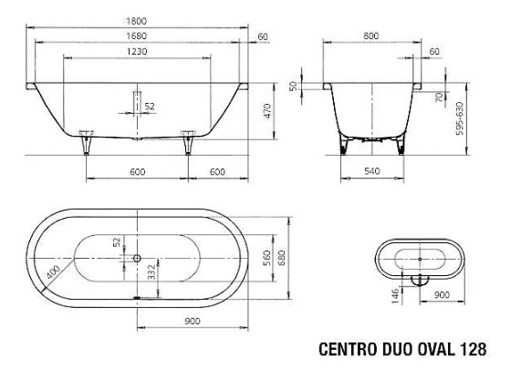 KALDEWEI CENTRO DUO OVAL 128 vana 180x80 cm, pro 2 osoby, bez nožiček, smaltovaná ocel 282800010001 Technický nákres