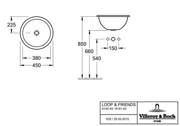 VILLEROY & BOCH LOOP & FRIENDS umyvadlo 45 cm, s přepadem, CeramicPlus, alpská bílá 614045R1 Technický nákres